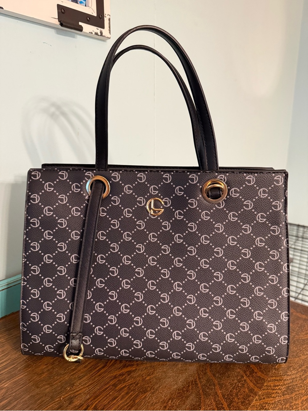 Designer-Inspired Black Printed Tote Bag with Gold Accents